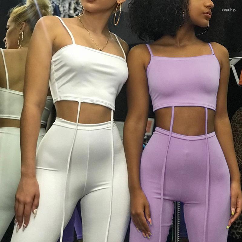 

Women' Tracksuits BKLD Summer Style Ladies Sexy 2 Piece Clothing Long Strap Sleeveless Short Vest And Mid Trouser Solid Color Casualwear, Purple