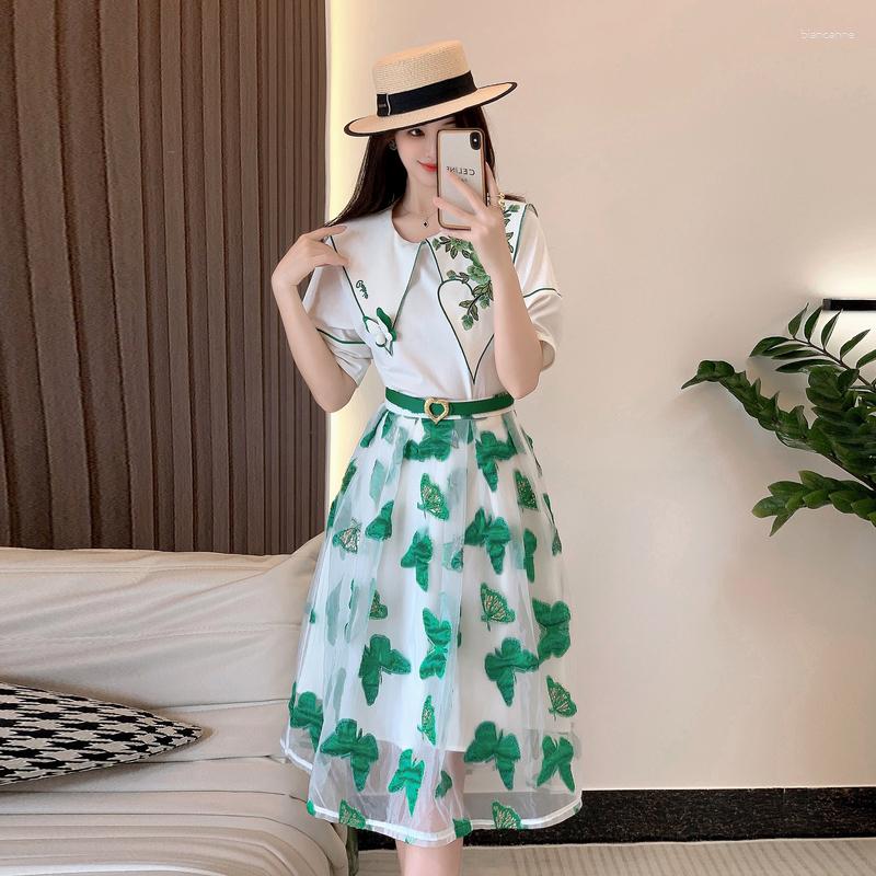 

Women' Two Piece Pants Fashion Summer Shirt Set Women Big O Neck Embroidery Flower White Tops Mesh Green Butterfly Midi Skirt Suit WIth