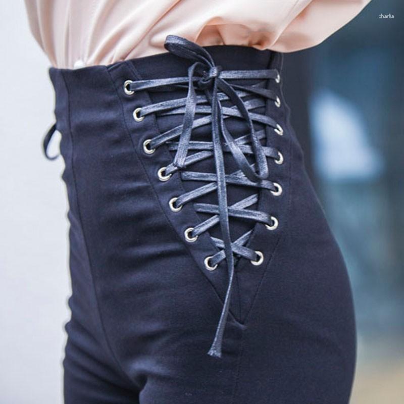 

Women' Pants Lace 2023 Fashion Up High Waist Pencil Women Casual Korean Bandage Slim Fit Ladies Trousers Fleece Warm Streetwear, Black