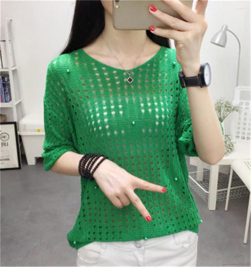 

Women's Sweaters Hollow Out Knitted Summer Tops Thin Half Sleeve Ladies Mesh Pull Jumper Knitting Femme O-Neck Pullovers Female Sweater, Green