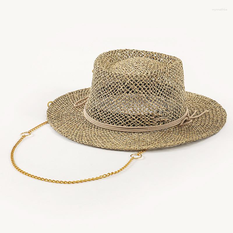 

Berets 202303-shi Chic Drop Summer Street Fashion Gold Chain Natural Salt Grass Lady Fedoras Cap Women Leisure Panama Jazz Hat, Natural color