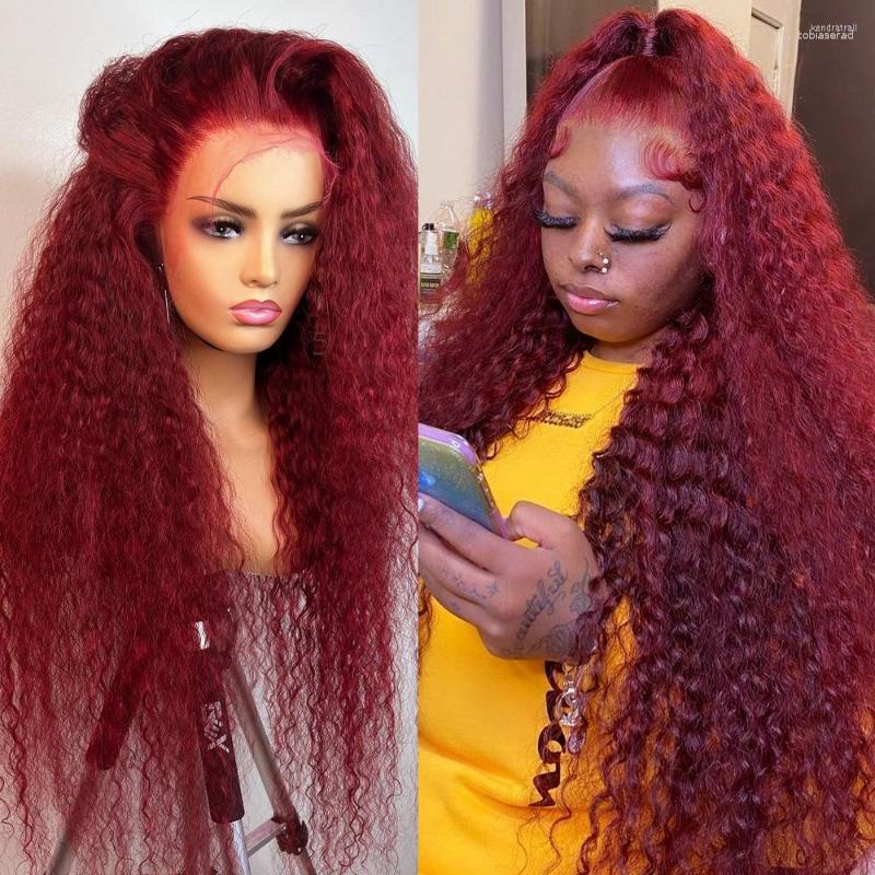 

Red Colored Deep Wave T Part Lace Frontal Wig Brazlian 30 32 Inch 99J Burgundy Curly 13x4 Front Wigs Human Hair For Women, T part wig