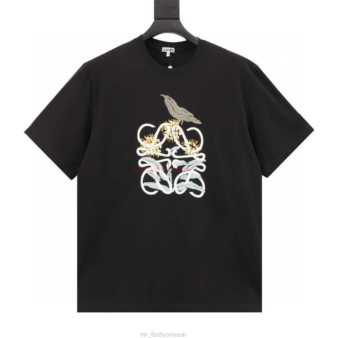 

Designer Fashion Clothing Tees Tshirts Loewe 23ss High Edition Embroidered Round Neck Short Sleeve Tshirt with Flower and Bird Embroidery on Chest Luxury Casual Str, White
