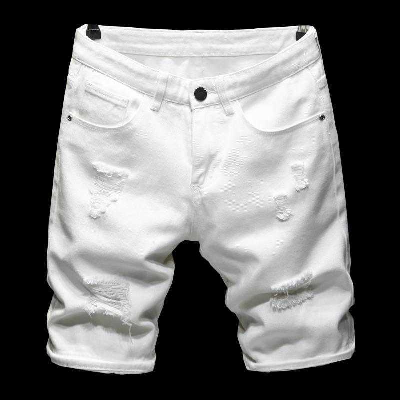 

2023 Summer Pure White Black Lightweight Ripped Shorts Classic Clothing Young Men's Slim Straight Jeans