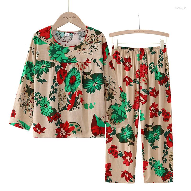 

Women's Sleepwear Summer Two Piece Jacket 2023 Style Female Long Sleeve Flower Print Round Neck Pajamas Suit Comfortable Home Lounge, Black
