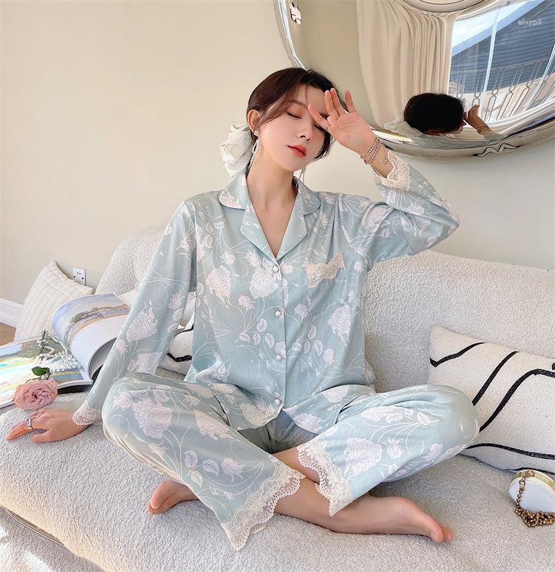 

Women's Sleepwear Sexy Floral Printed Jacquard Satin Lapel Collar Long Sleeve Shirt Pants 2Pcs Women Homewear Female Pajamas Set, Yellow