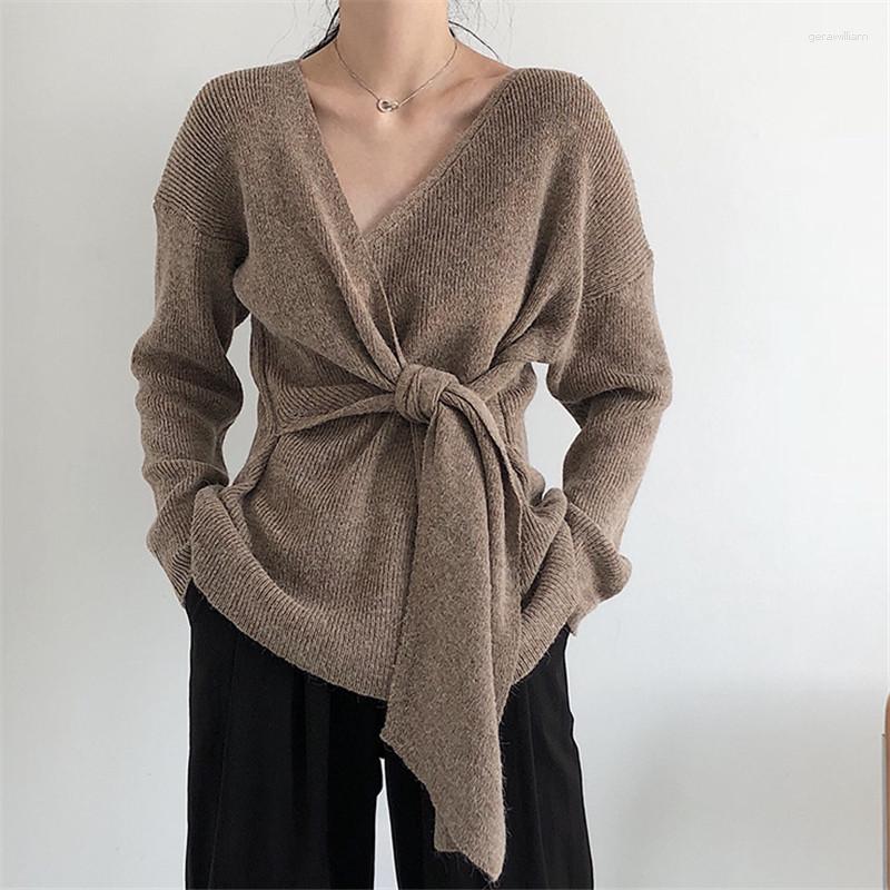 

Women's Sweaters Chic Women Lace Up Knitted Cardigan Irregular V-Neck Pullovers Casual Long Sleeve Belted Knitwear OL Tops Sueter Mujer, Khaki