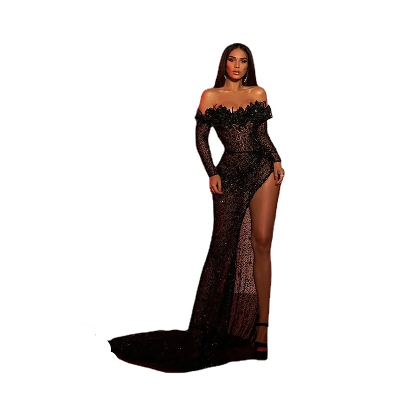 

Sexy Balck Mermaid Formal Evening Dresses Major Beads Sequins Off Shoulder Front Split Long Sleeves Prom Pageant Party Gowns For Arabic Robe de mariee, Black
