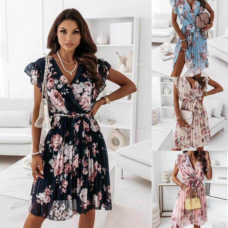 

Casual Dresses Vintage Floral Print Dress Women Summer Sexy Deep V-Neck Pleated Midi Y2k Sleeveless Beach Loose Vestidos, Pink