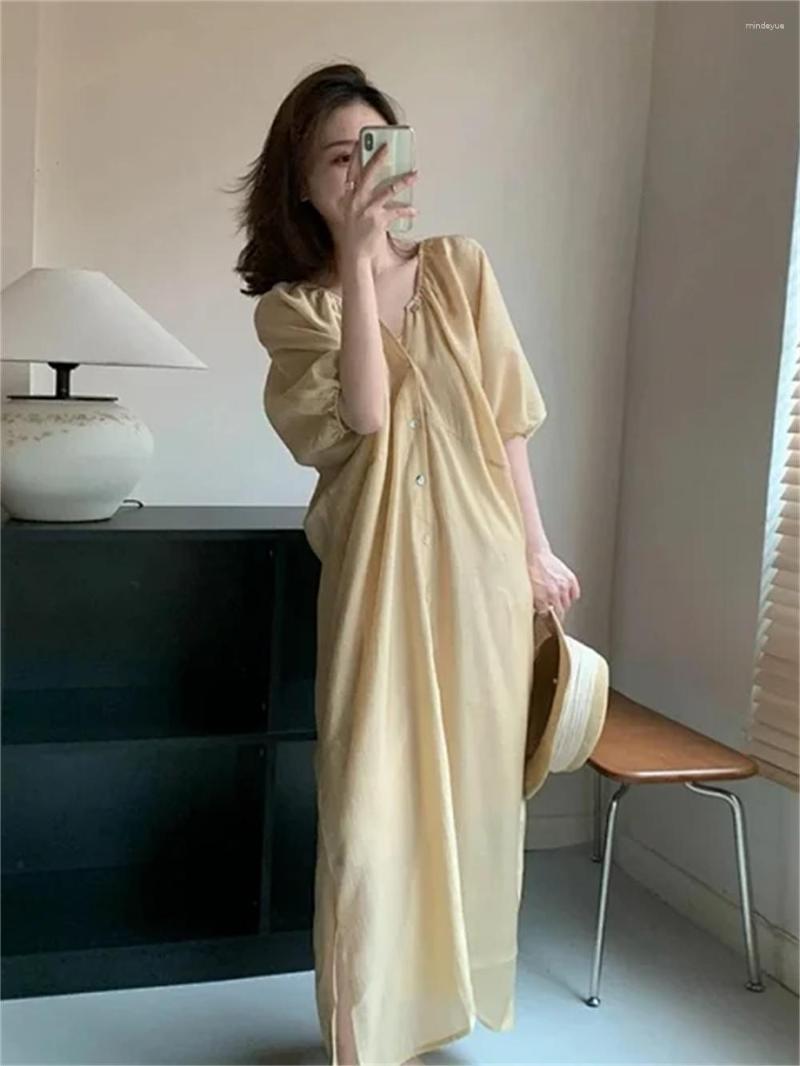 

Party Dresses Two Pieces Set Dress Women Puff Sleeve Single Breasted Pleated V-neck Holiday Style Summer 2023 Female Midi Robes, Yellow
