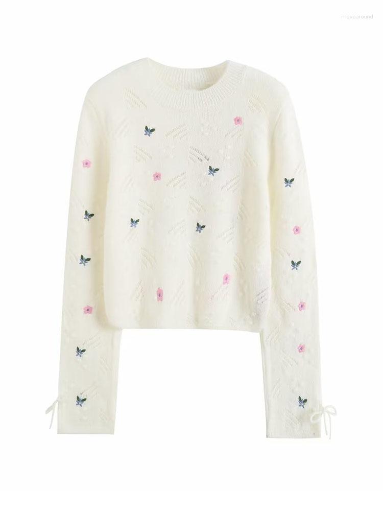 

Women' Sweaters Spring Sweater Flower Embroidery Pattern Round Neck Short Long Sleeve Knitted Pullover Top, Beige