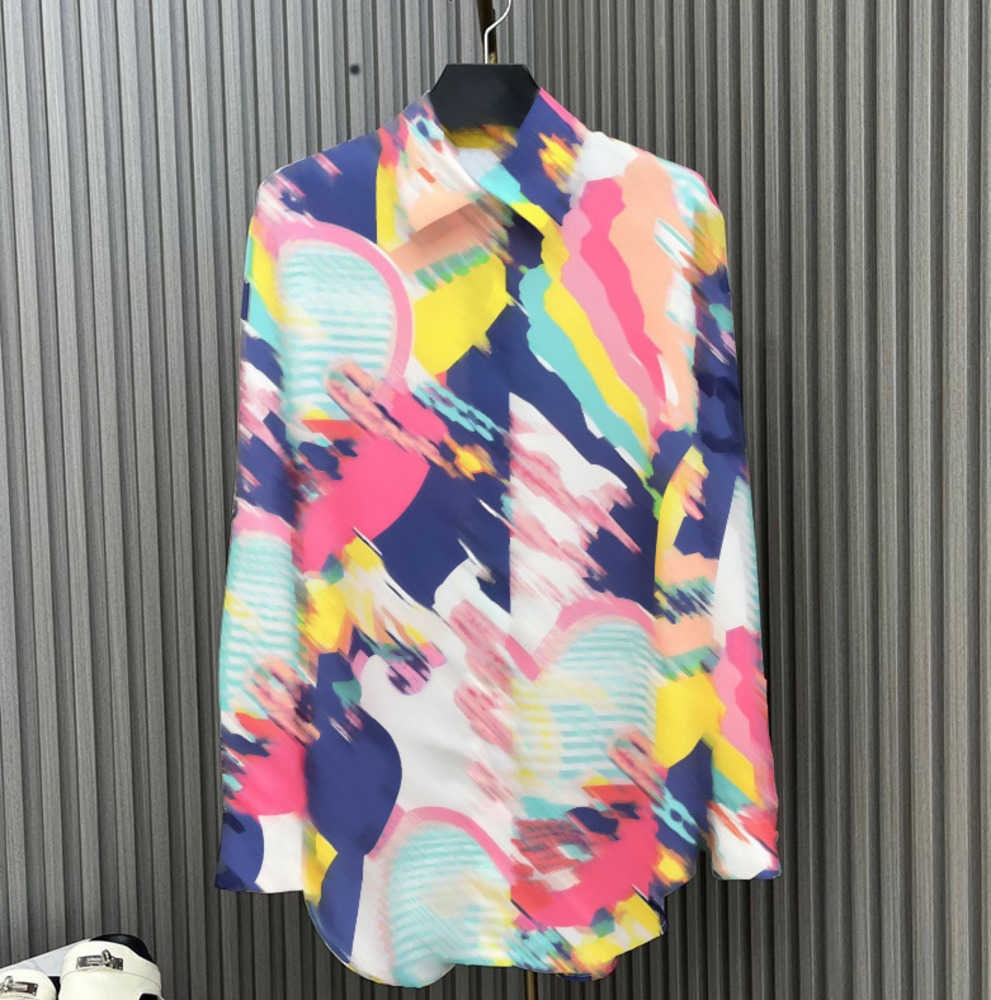 

Women T Shirt Loose Laid-back Style Top Printed Elements Delicate Vintage Button Patchwork Irregular Hem Lapel Long Sleeve Tshirt Designer Womens Clothing 55