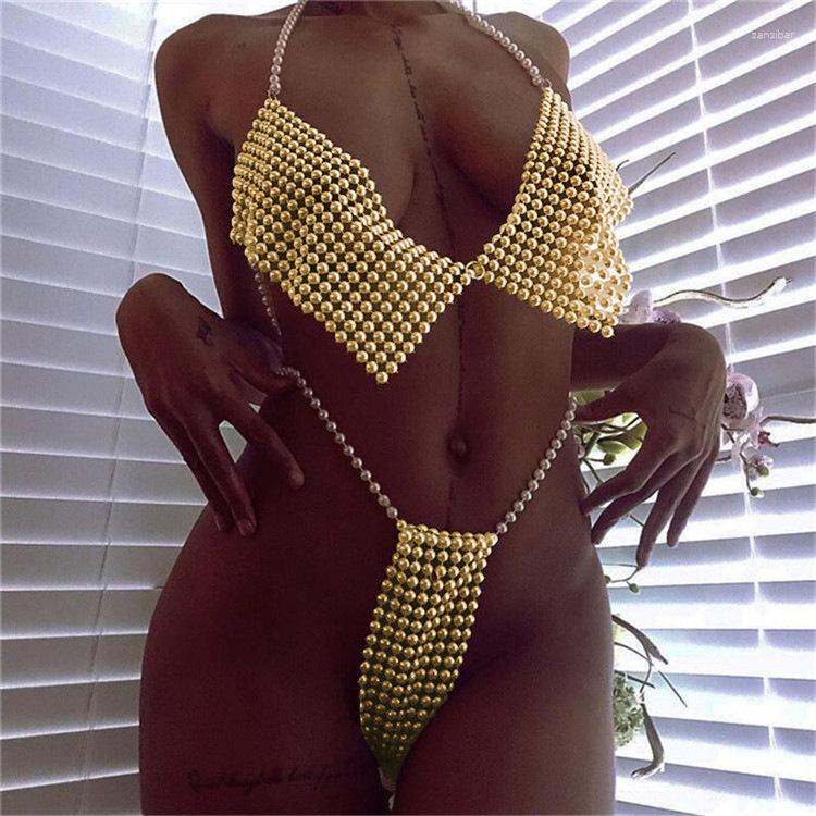 

Women's Tracksuits CHYXSB 2023 Sexy Club Party Ladies Fashion Hollow Out Pearl Short Top Pants Bikini Two Piece Sets, Gold