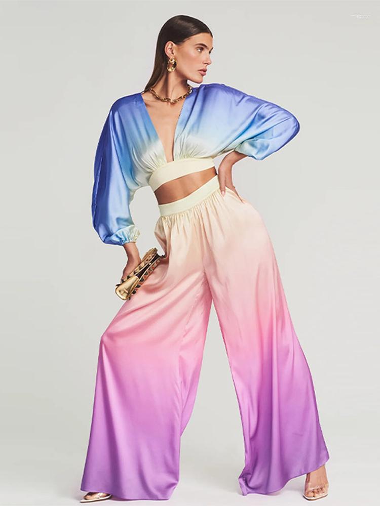 

Women' Two Piece Pants Satin Gradient Print Trouser Sets Women Sexy V-neck Long Sleeve Crop Top And Wide Leg Suit Ladies Elegant 2 Outfits, Black