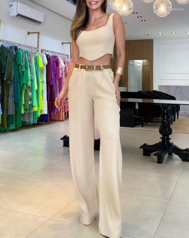 

Women' Two Piece Pants Sets Womens Outifits 2023 Summer Fashion Hanky Hem U-Neck Sleeveless Crop Top & Casual Wide Leg Set Without Belt