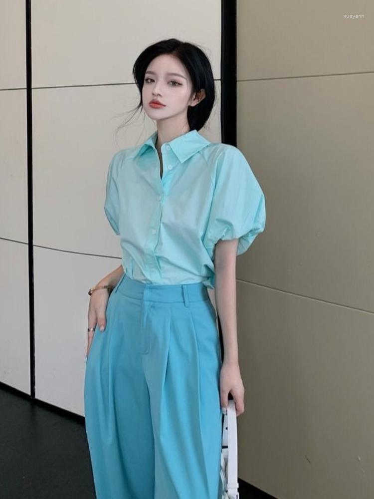 

Women' Two Piece Pants Xgoth Retro Chic Puff Sleeve Shirt Trousers Suit Women' Summer Cool Foreign Temperament Age-reducing Elegant