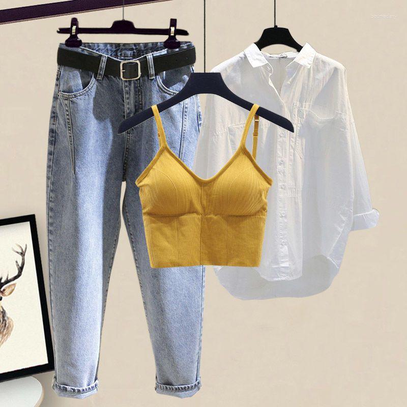 

Women' Two Piece Pants 2023 Small Three Pieces Jeans Summer Casual Fashion Shirt Set Suspenders Undershirt Women' Tops Women Y2K, Shirts