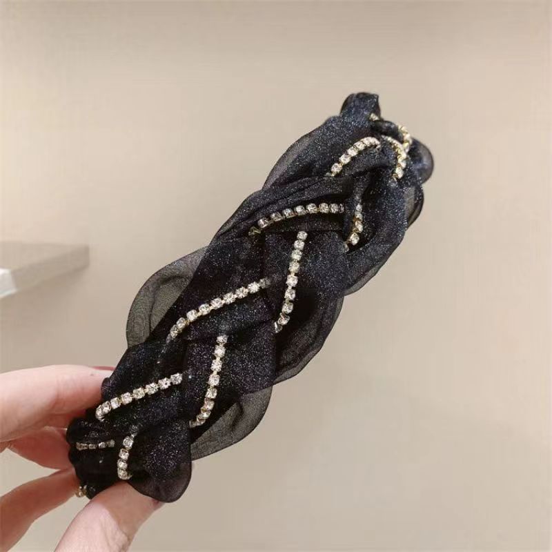 

2023 New Fried Dough Twists Knitted Hair Band Fairy Organza Popular High end Rhinestone Set Diamond Light Luxury Hair Band