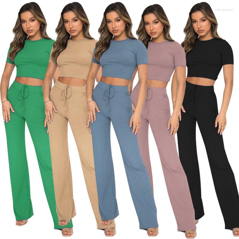 

Women' Two Piece Pants Matching Sets Solid Color Women Shirt High Waist Frenulum Trousers Slim Crop Tops Leggings Leisure Lady Office, Black
