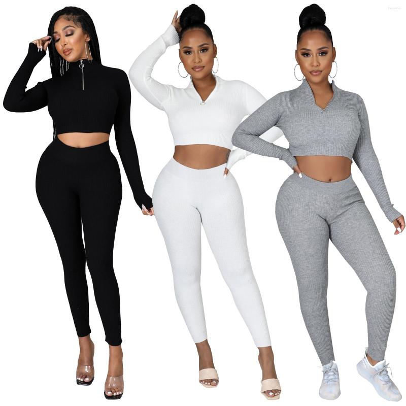 

Women' Two Piece Pants Casaul Women Tracksuit Biker Set Knit Ribbed Solid Color Sportsuit Matching Clothes Outfit, White