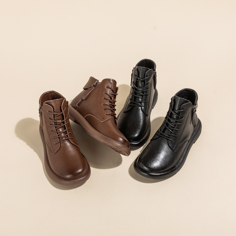 

British Martin Boots 2023 Autumn/Winter New Genuine Leather Plush Women Boots Retro Soft Sole Soft Leather Flat Bottom Short Shoes, Black