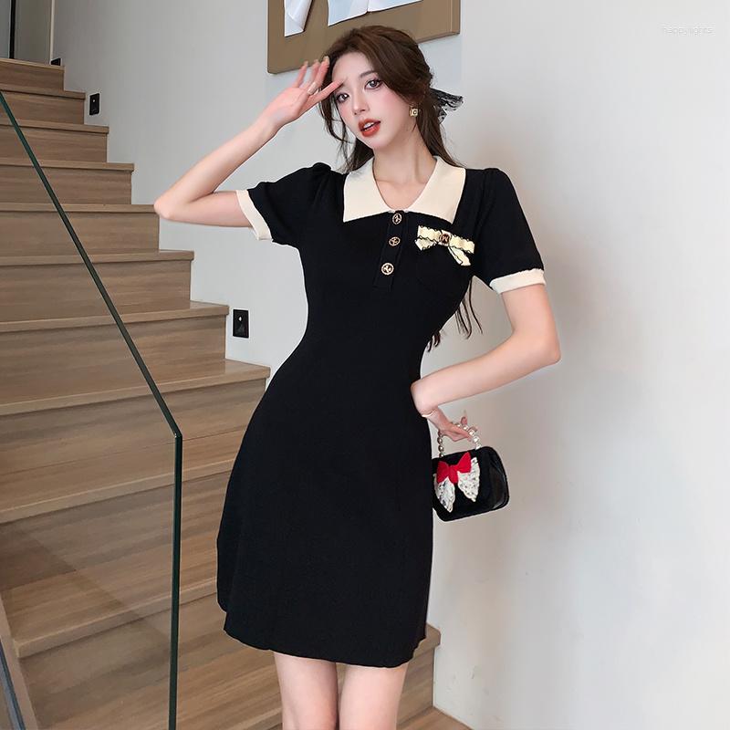 

Party Dresses French Temperament Knitted Dress Contrast Color One Pieces Bow Polo For Womensummer Sweet Short Sleeve Mini P494, Black