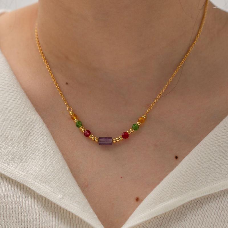 

Chains Creative Beaded Necklace For Women Design Colorful Natural Stone Ladies Stainless Steel Jewelry Gift Collar