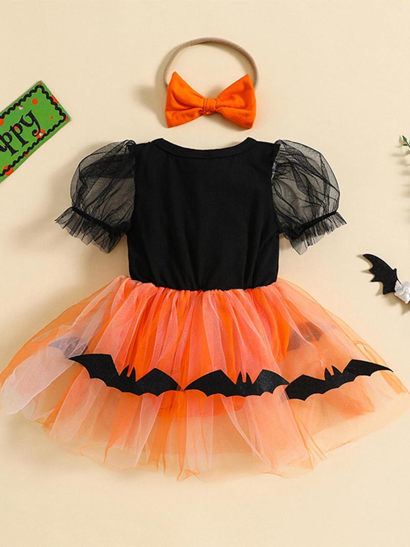 

Girl Dresses Adorable Halloween Romper Dress With Pumpkin And Bat Pattern Short Puff Sleeves Mesh Skirt Hem Matching Headband For, Black