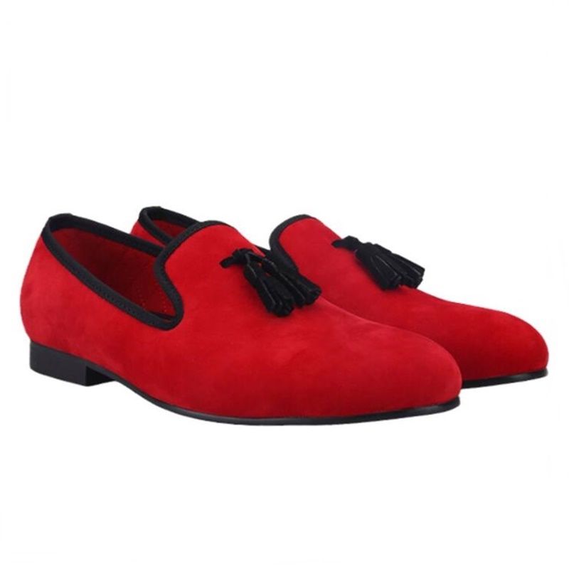 

New Arrival Men Red Shoes Fashion Velvet Loafers Handmade Mens Tassel Shoes Slip On Summer Flats Casual Shoes, As picture