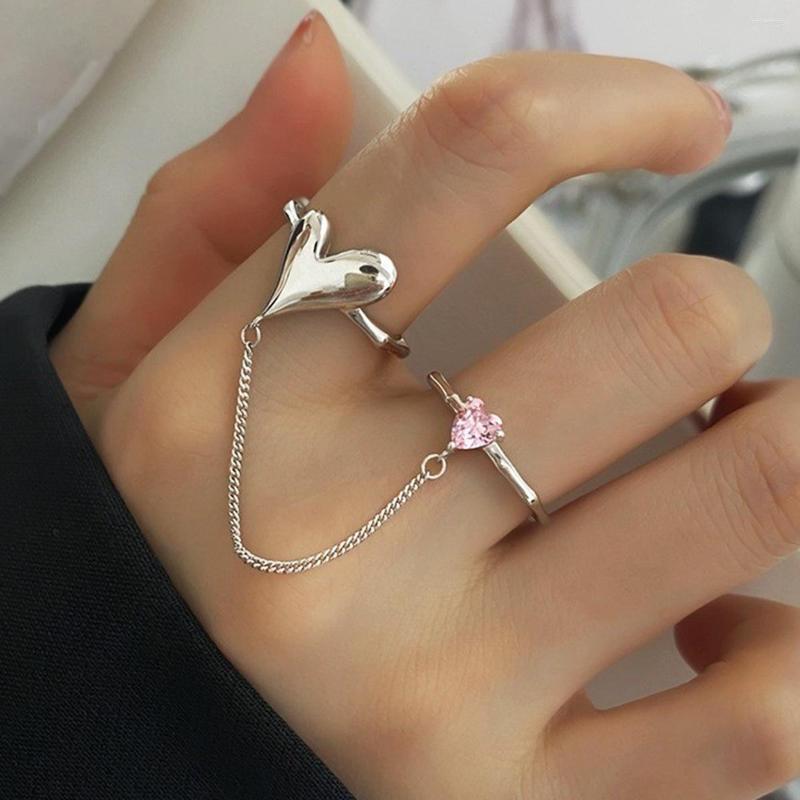 

Cluster Rings Pink Love Heart Chain For Women Vintage Silver Color Adjustable Open 2pcs Set Fashion Wedding Party Jewelry Gifts
