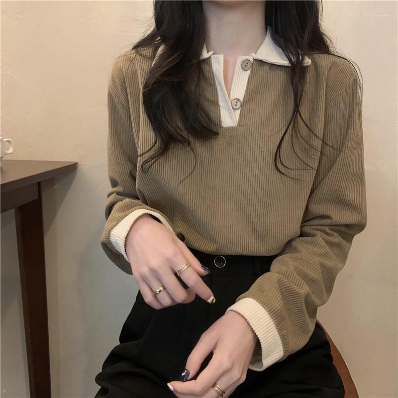 

Women's Sweaters 2023 Autumn Winter Women Corduroy Sweater Polo Collar Pullover Patchwork Long Sleeve Kintting All Matchd Top DD344, Beige