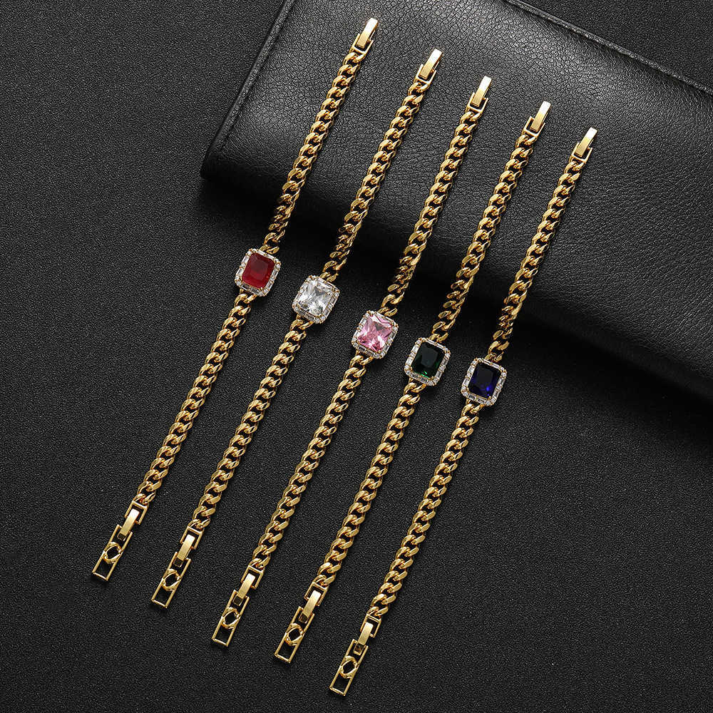 

7inch+1inch Inch Long Boutique Mens Womens Cuban Chain Bracelet Adjustable Extended Buckle Overlay Hip Hop Copper Prong Colorful Cubic Zirconia Jewelry For Gifts