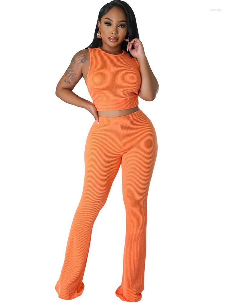 

Women' Two Piece Pants Sexy Knit Ribbed Set Women Clubwear Party Short Tank Tops And Flare High Waist Night Club Outfits Bodycon Sets, Orange