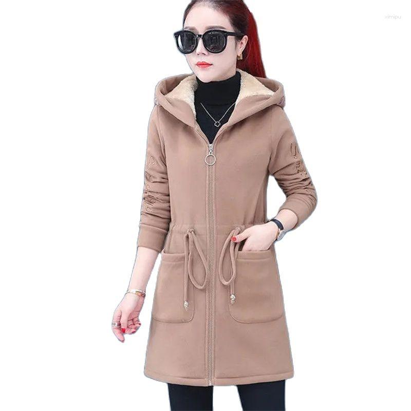 

Women's Trench Coats Women Winter Coat Jacket Female Fleece Overcoat 2023 Mid-length Loose Add Velvet Warm Parkas Lady Hooded Cardigan, Coffee