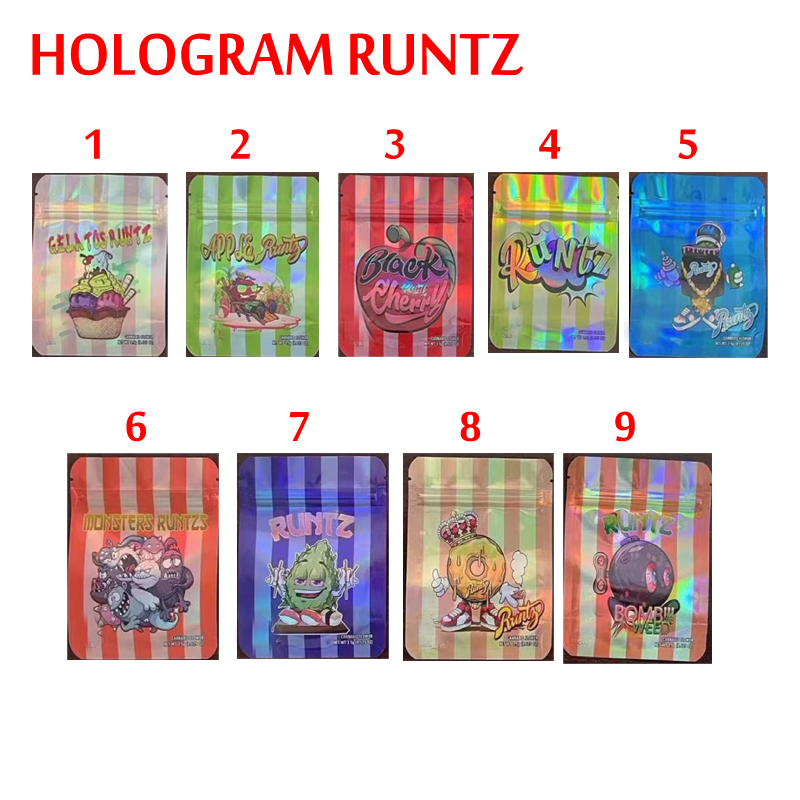 

3.5G hologram smell proof package mylar packaging bags RUNTZ APPLE BLACK CHERRY MONSTERS BOMB GELATOS