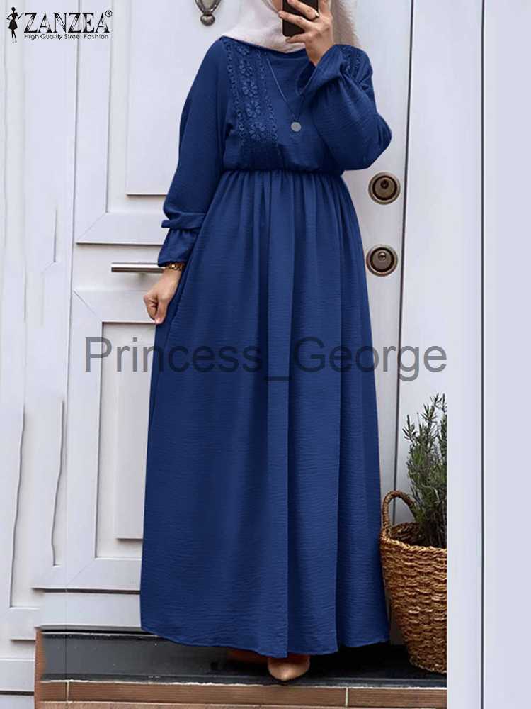 

Casual Dresses ZANZEA Elegant Muslim Abaya Dress Women Vintage Long Sleeve Lace Crochet Solid Maxi Vestidos Islamic Clothing Kaftan Ramadan x0625, Orange