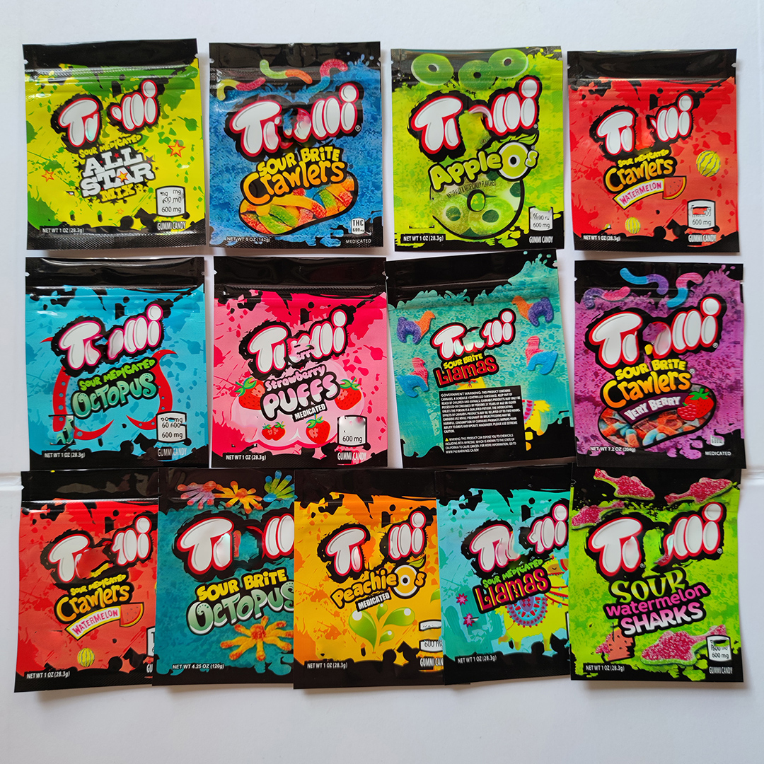 

Sour candy gummy medicated mylar bag trolli trrlli Errlli edibles Gummies packaging bags smell proof resealable zipper pouch 600mg