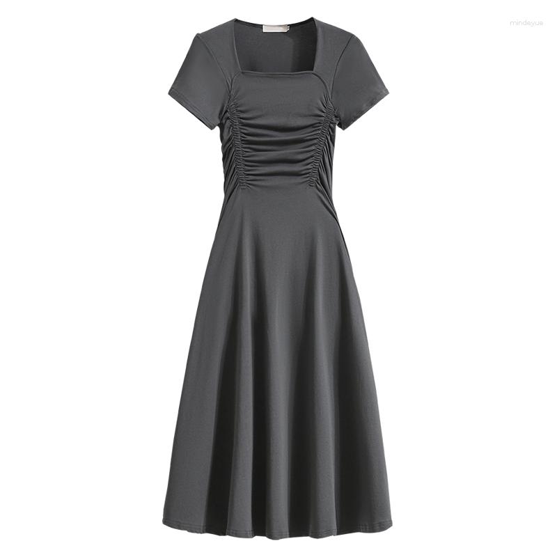 

Party Dresses Women Large Size Midi Cotton Dress Square Collar Short Sleeve Casual Summer Elegant Slim A Line Pink Gray Pleated Vestidos, The ash powder
