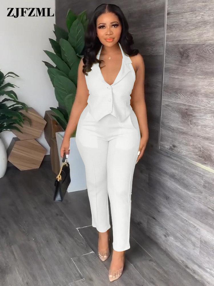 

Women' Two Piece Pants Spring Summer Women Formal Suit Workwear Business Tracksuits Halter Neck Backless Vest Tops High Waist Side Pockets, Black