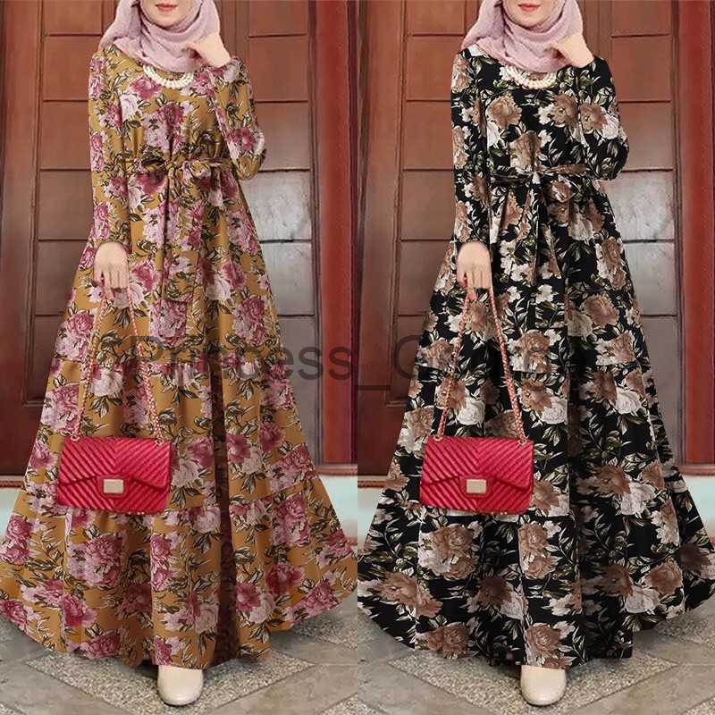 Casual Dresses Morocco Print Robe Clothing Ramadan Eid Muslim Women Long Sleeve Floral Dress Abaya Dubai Turkey Maxi Femme Musulman Caftan Arab x-image-881085802