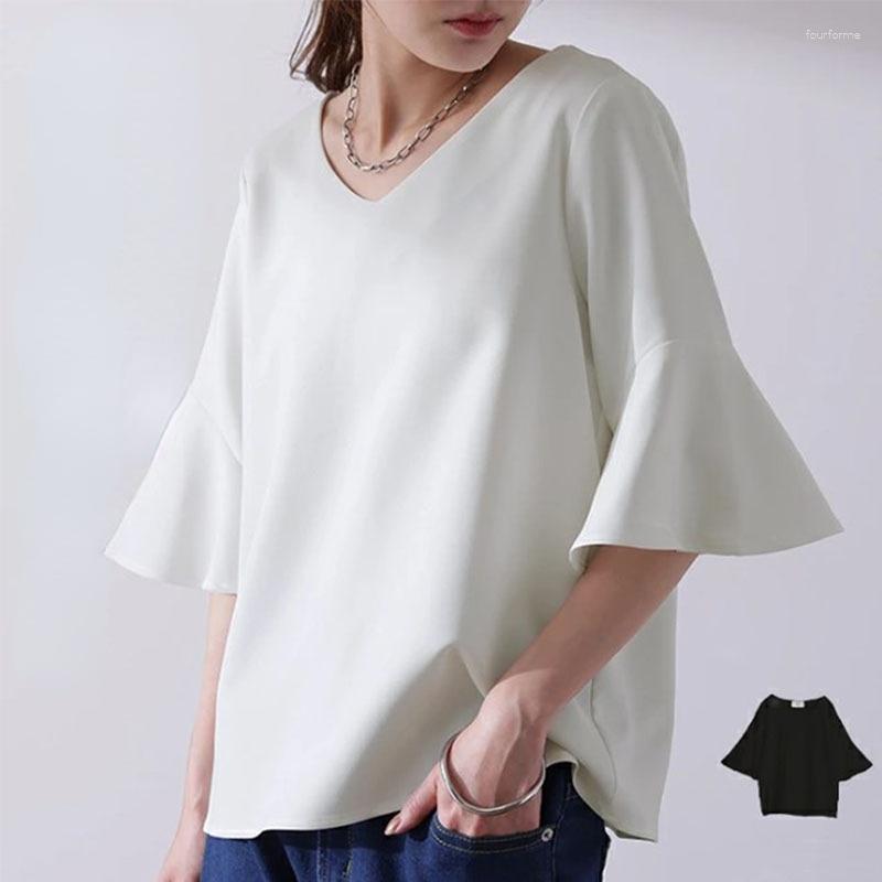 

Women's Blouses LYEEYNNR High Quality Simple Blouse Women V-neck Butterfly Sleeve Solid Color Loose Shirts Female Japan Style Cheimse Femme, Black
