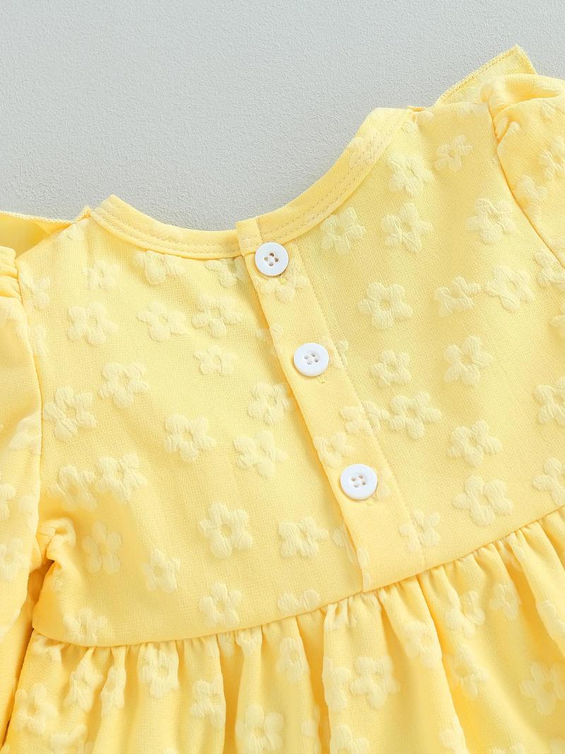 

Girl Dresses Elegant Floral A-Line Dress With Long Sleeves And Bow Detailing - Perfect For Daily Wear Parties, Yellow