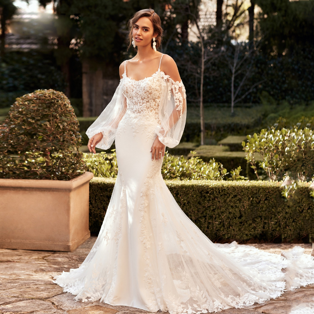 

Spaghetti Straps Mermaid Wedding Dress Bridal Gown Off the Shoulder Puffy Sleeve Country vestiod de mariee, Gold