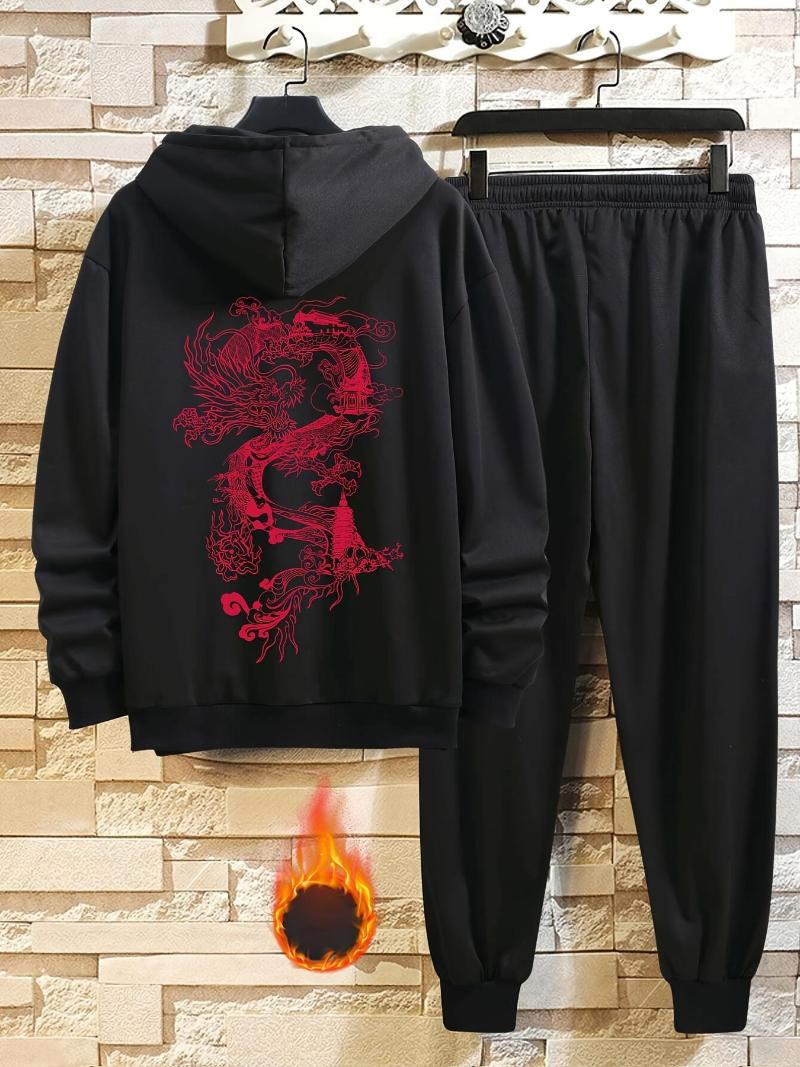 

Men's Tracksuits 2pcs Casual Warm Hoodie & Drawstring Sweatpants With Dragon Print S, White