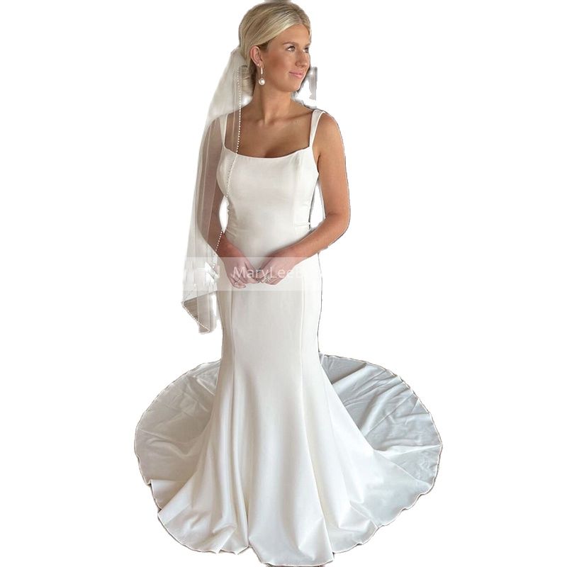 

Low Back Stretch Crepe Mermaid Wedding Dress for Bride Square Neck Spaghetti Strap Bridal Gowns Vestidos de noiva, White