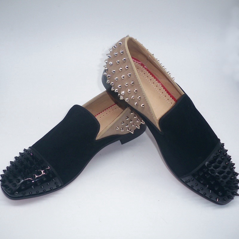 

Classic Stylish Suede Loafers Men Rivets Shoes Fashion Patchwork Slip On Dress Shoes Flats Leather Casual Shoes, As picture