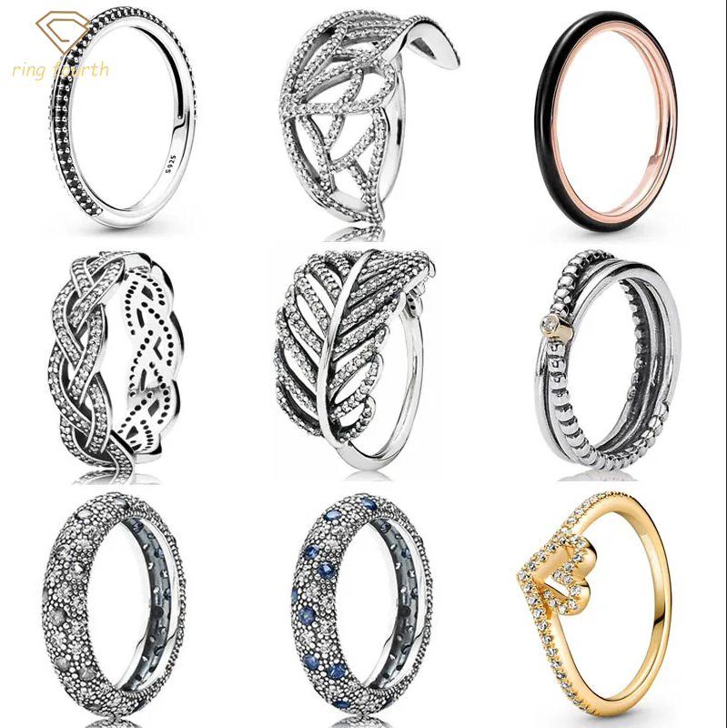 

925 Silver Women Fit Pandora Rings Original Heart Crown Fashion Ring Butterfly Wing Wishbone Heart Entwined Ribbon Light As a Feather