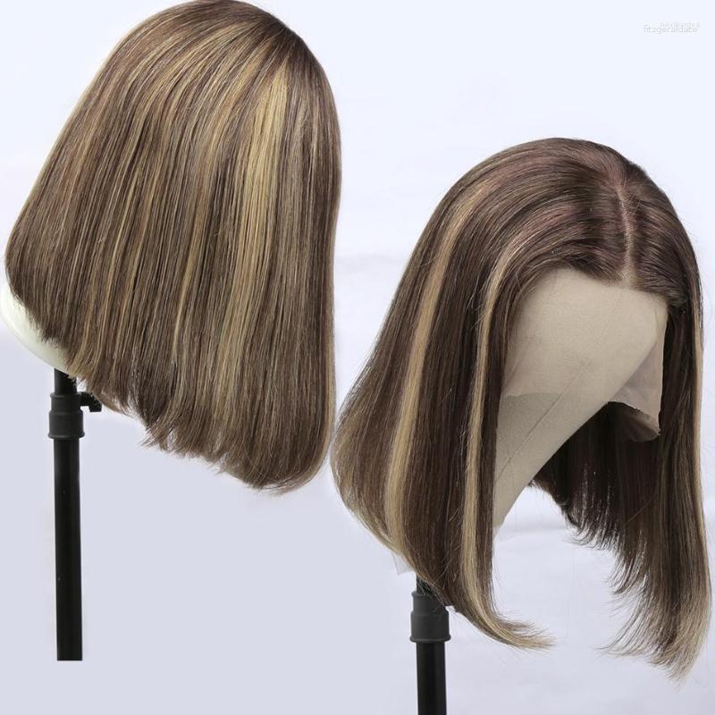 

13x4 Straight Highlight Wig Ombre Brown Honey Blonde Short Bob Transparent Lace Front Wigs 150% Density Remy, 4/27hl