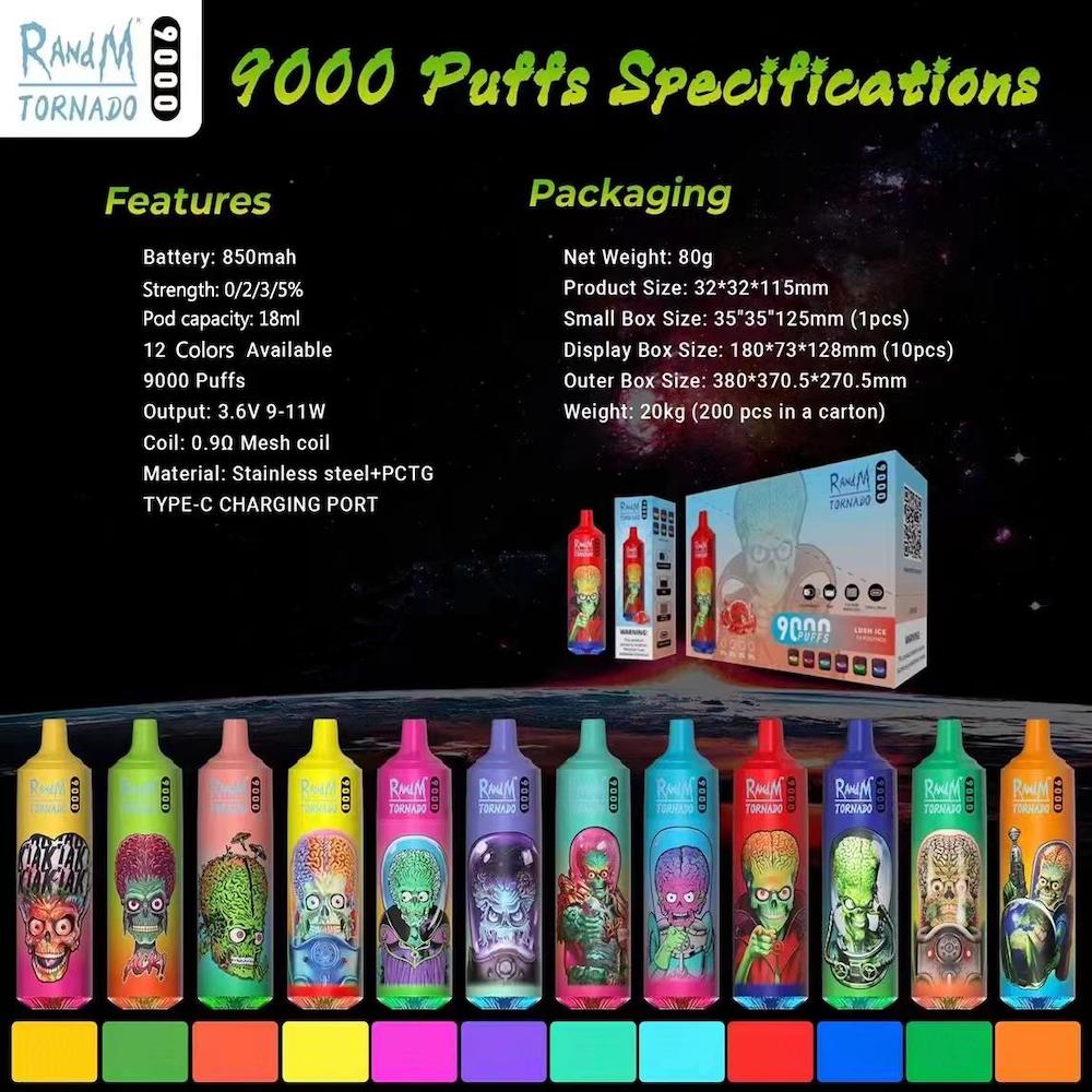 

Original RandM Tornado 9000 Puffs Disposable E-cigarettes Features 18ml Vape 0/2/3/5% Rechargeable 850mAh Integrated Battery Associated 43 Flavors