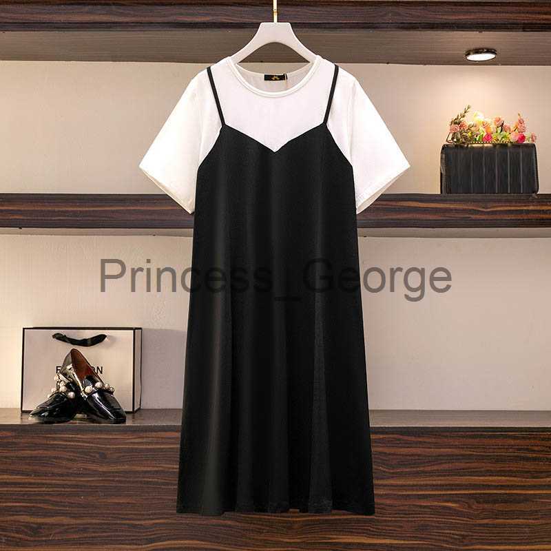 

Casual Dresses 150Kg Plus Size Women's Bust 149 New Summer Loose WesternStyle Fake TwoPiece Round Neck Dress Black 5XL 6XL 7XL 8XL  x0625